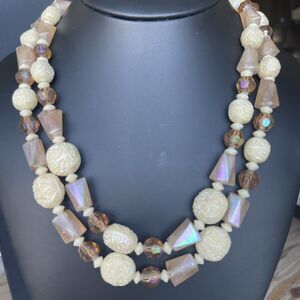 VTG 2 Strand Ivory Pink AB Irridescent Molded Plastic Bead Necklace Austria
